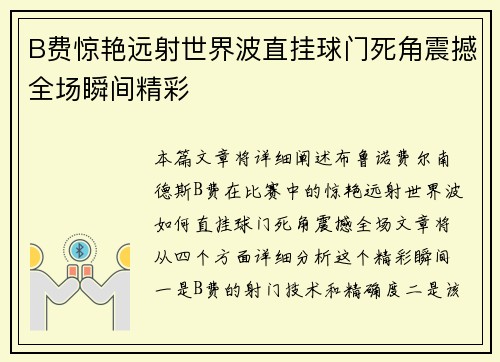 B费惊艳远射世界波直挂球门死角震撼全场瞬间精彩