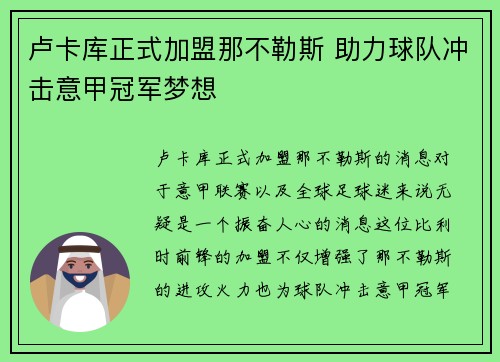卢卡库正式加盟那不勒斯 助力球队冲击意甲冠军梦想 卢卡库正式加盟那不勒斯 助力球队冲击意甲冠军梦想